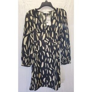 Mango Mng Dress Womens Sz 6 Black Gold Sheer Chiffon Belted Flowy Vneck Caroline